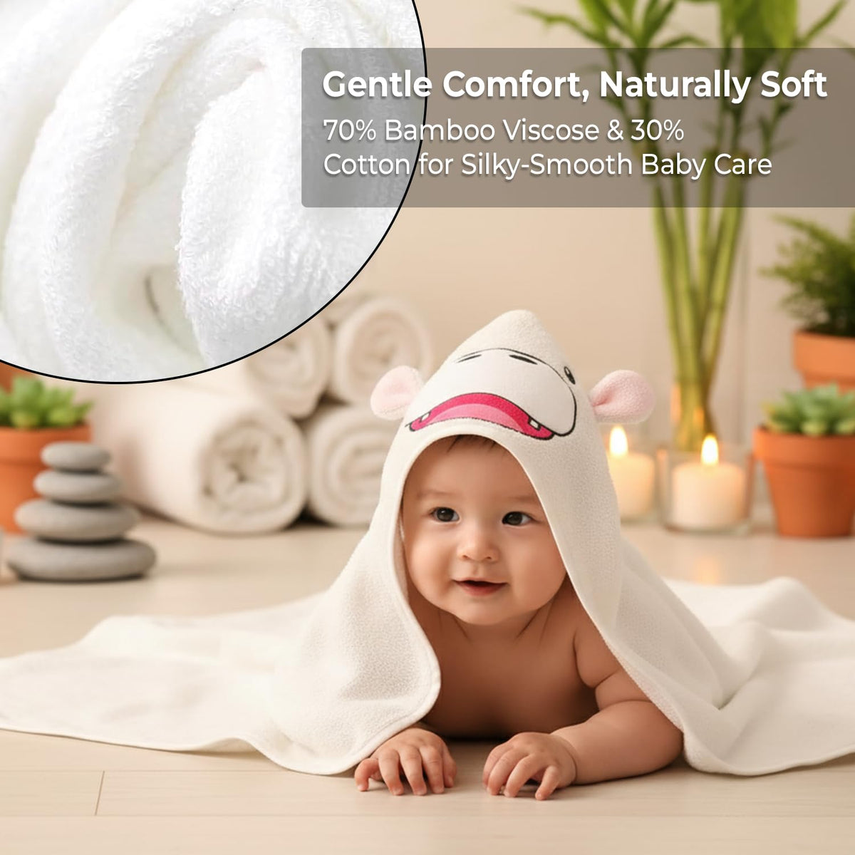 Gray Bath Kneeler & Elbow Rest Pad Set with Baby Bath Towel, Hooded, Hippo
