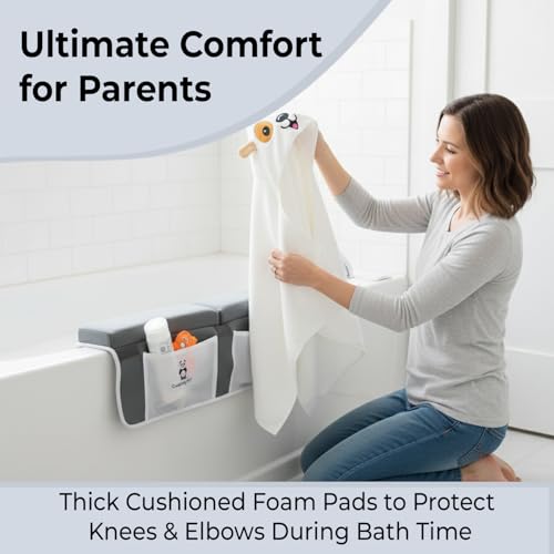 Gray Bath Kneeler & Elbow Rest Pad Set with Baby Bath Towel, Hooded, Hippo