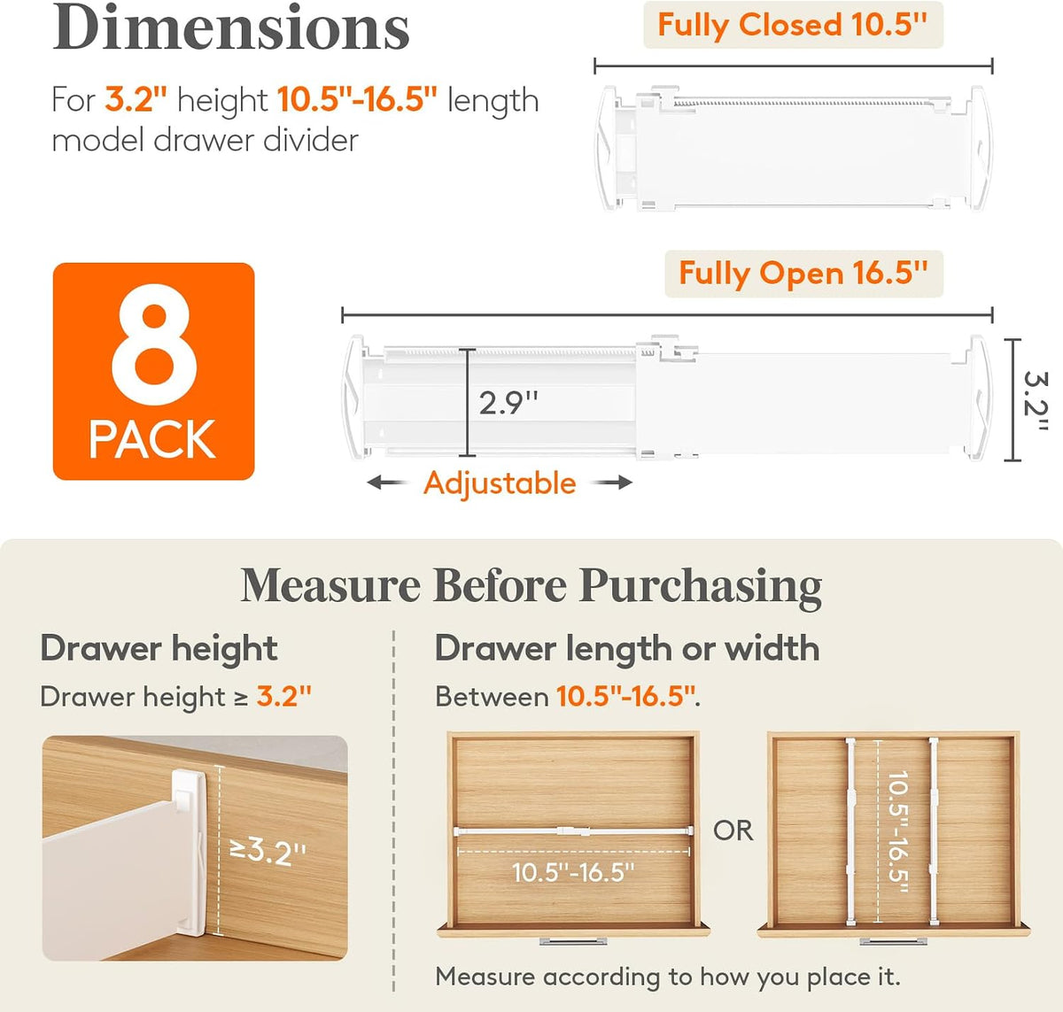 3.2" High Drawer Dividers for Clothes, Adjustable Drawer Organizers