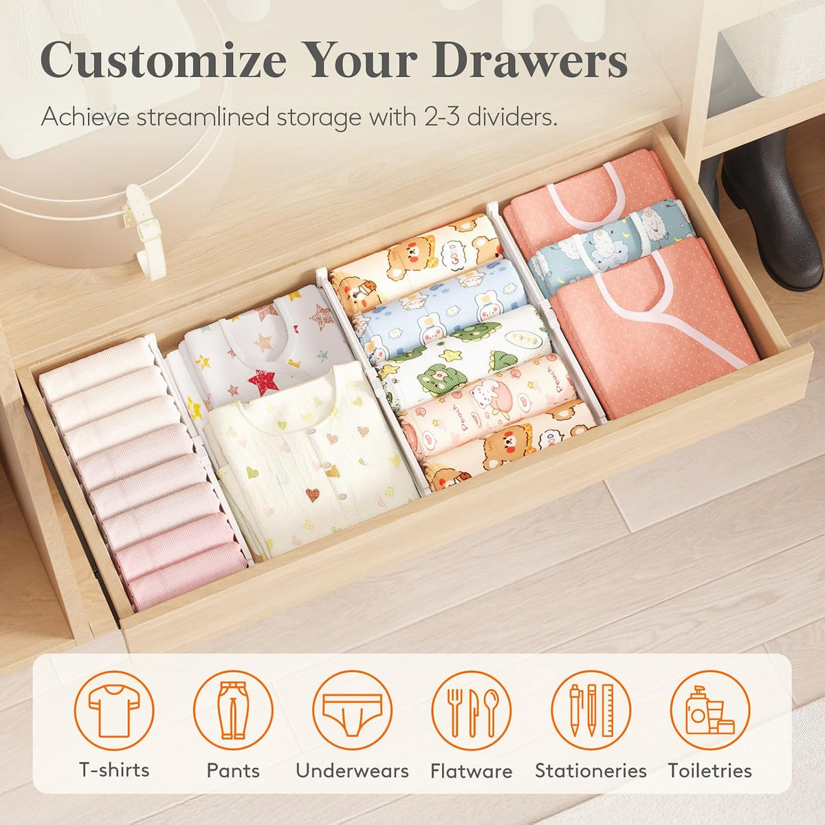 3.2" High Drawer Dividers for Clothes, Adjustable Drawer Organizers