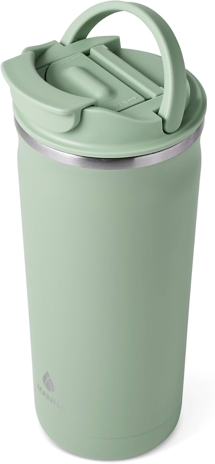 Bistro Leak-Proof Coffee Tumbler — Snap-Lock Lid, Carry Handle Loop, Vacuum Insulated Stainless Steel Travel Mug - 20 Oz - Cool Fern