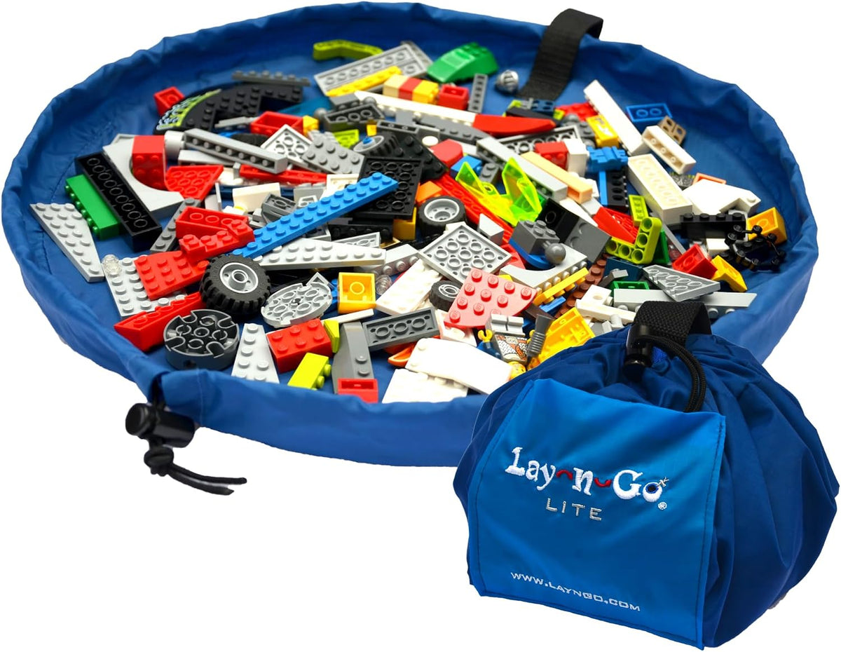 Layflat Portable Drawstring Cinch Storage Toy & Mini Figures Organizer & Play Mat, Mesh Pockets, Home & Travel, Kids & Toddlers Playdates, 2 Straps for Backpack, Durable, Machine Washable