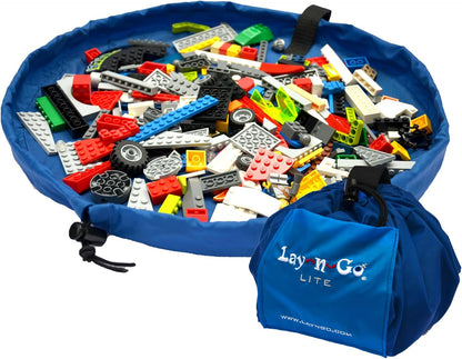 Layflat Portable Drawstring Cinch Storage Toy & Mini Figures Organizer & Play Mat, Mesh Pockets, Home & Travel, Kids & Toddlers Playdates, 2 Straps for Backpack, Durable, Machine Washable