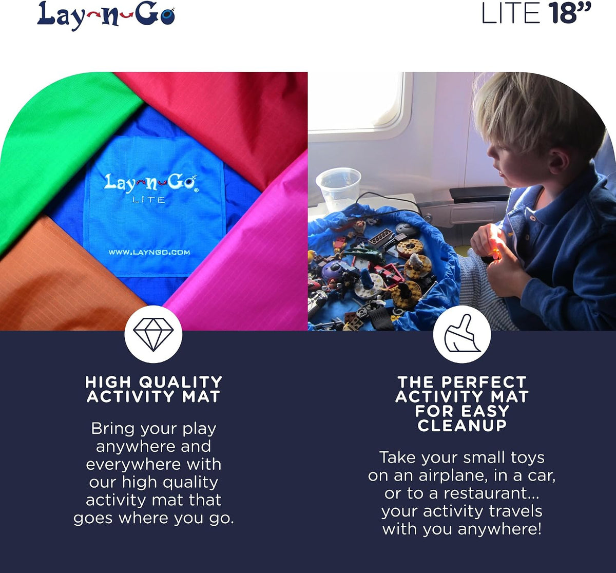 Layflat Portable Drawstring Cinch Storage Toy & Mini Figures Organizer & Play Mat, Mesh Pockets, Home & Travel, Kids & Toddlers Playdates, 2 Straps for Backpack, Durable, Machine Washable