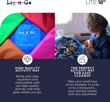 Layflat Portable Drawstring Cinch Storage Toy & Mini Figures Organizer & Play Mat, Mesh Pockets, Home & Travel, Kids & Toddlers Playdates, 2 Straps for Backpack, Durable, Machine Washable
