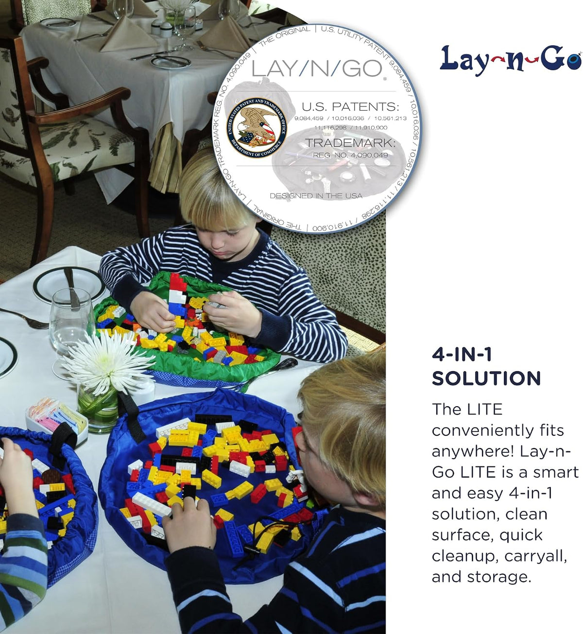Layflat Portable Drawstring Cinch Storage Toy & Mini Figures Organizer & Play Mat, Mesh Pockets, Home & Travel, Kids & Toddlers Playdates, 2 Straps for Backpack, Durable, Machine Washable