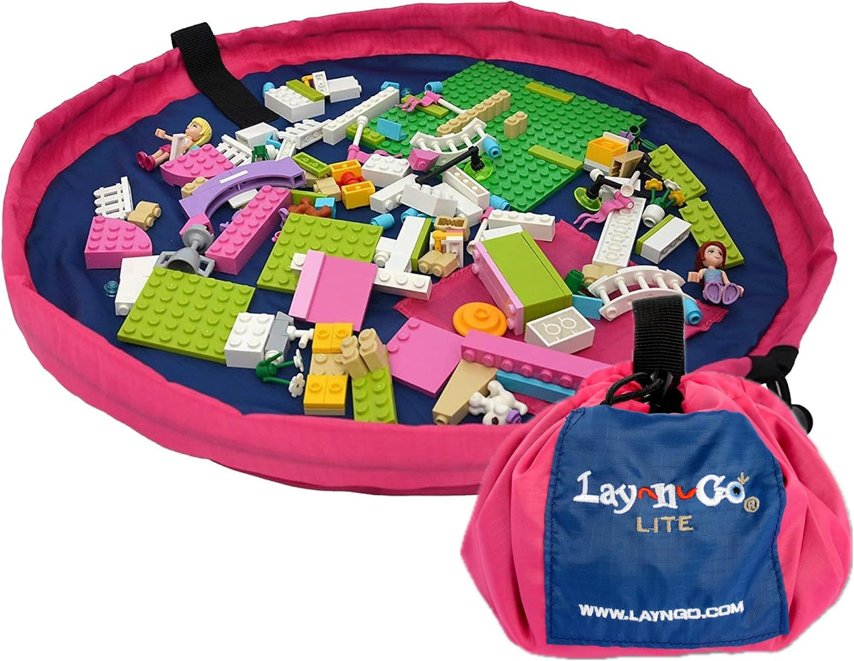 Layflat Portable Drawstring Cinch Storage Toy & Mini Figures Organizer & Play Mat, Mesh Pockets, Home & Travel, Kids & Toddlers Playdates, 2 Straps for Backpack, Durable, Machine Washable