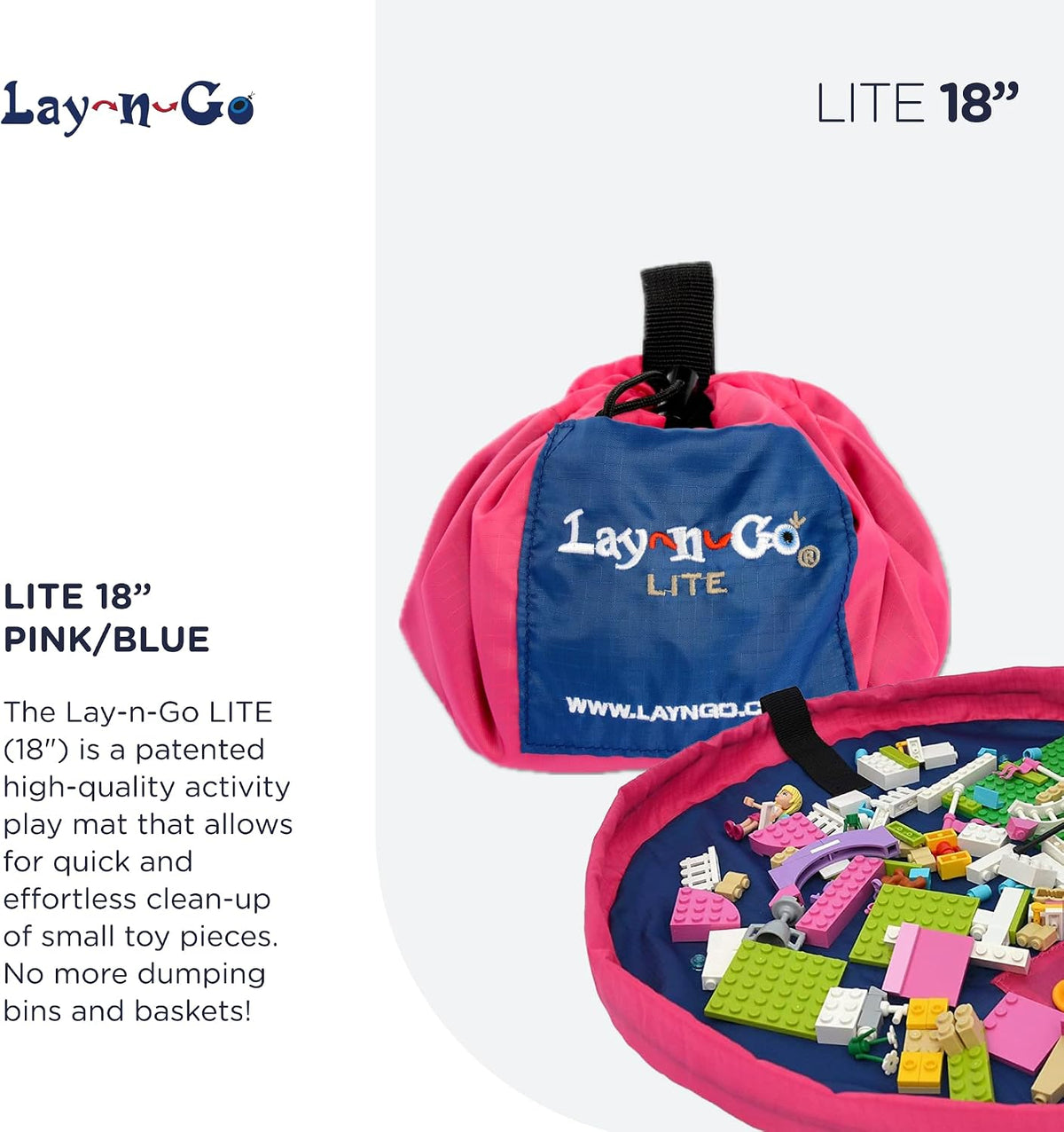 Layflat Portable Drawstring Cinch Storage Toy & Mini Figures Organizer & Play Mat, Mesh Pockets, Home & Travel, Kids & Toddlers Playdates, 2 Straps for Backpack, Durable, Machine Washable