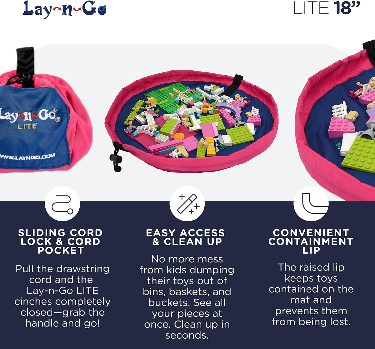 Layflat Portable Drawstring Cinch Storage Toy & Mini Figures Organizer & Play Mat, Mesh Pockets, Home & Travel, Kids & Toddlers Playdates, 2 Straps for Backpack, Durable, Machine Washable