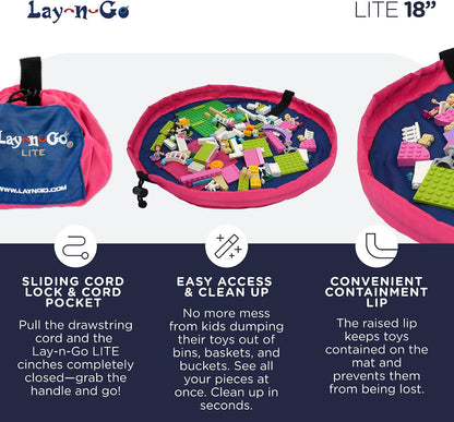 Layflat Portable Drawstring Cinch Storage Toy & Mini Figures Organizer & Play Mat, Mesh Pockets, Home & Travel, Kids & Toddlers Playdates, 2 Straps for Backpack, Durable, Machine Washable