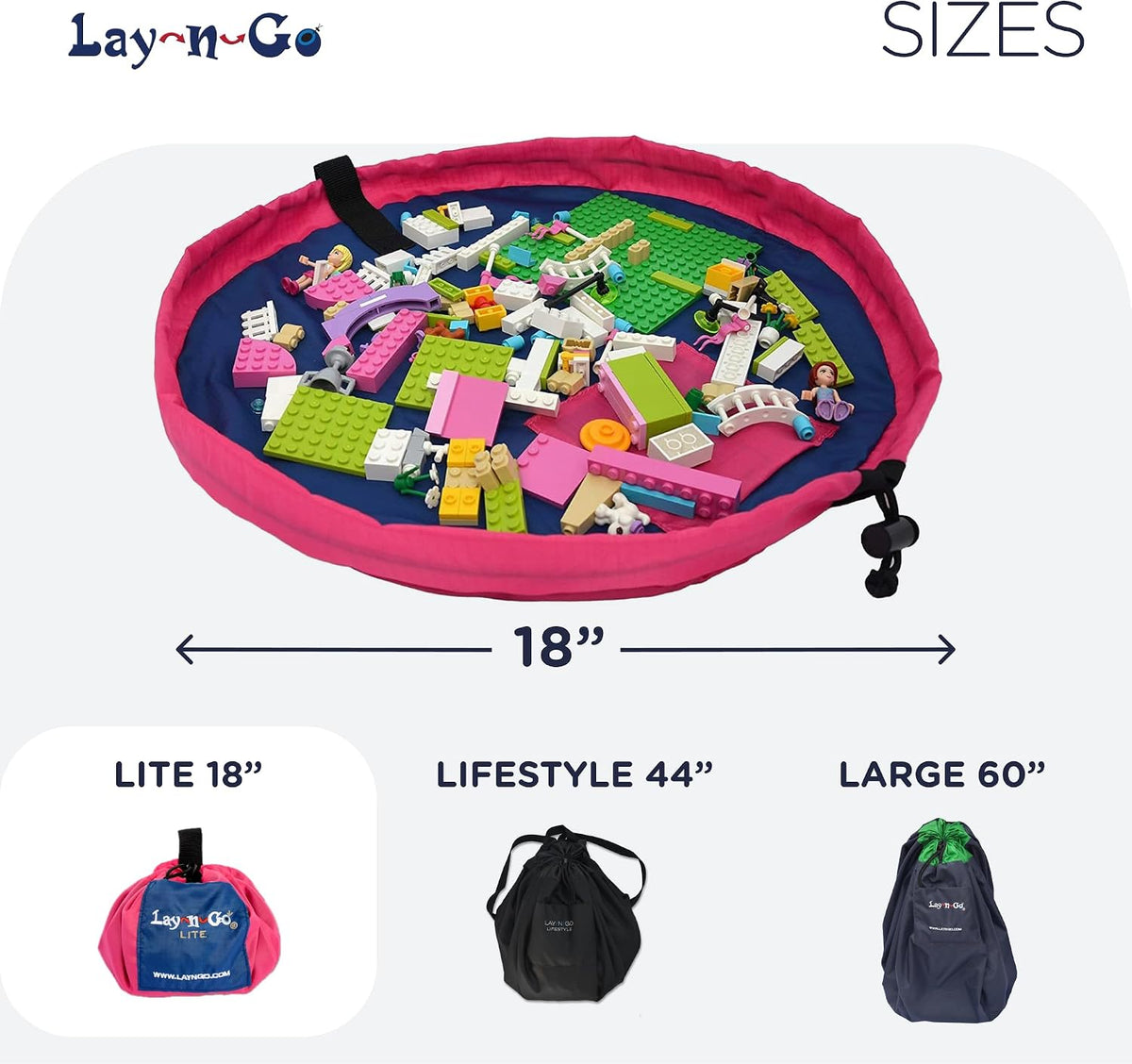 Layflat Portable Drawstring Cinch Storage Toy & Mini Figures Organizer & Play Mat, Mesh Pockets, Home & Travel, Kids & Toddlers Playdates, 2 Straps for Backpack, Durable, Machine Washable