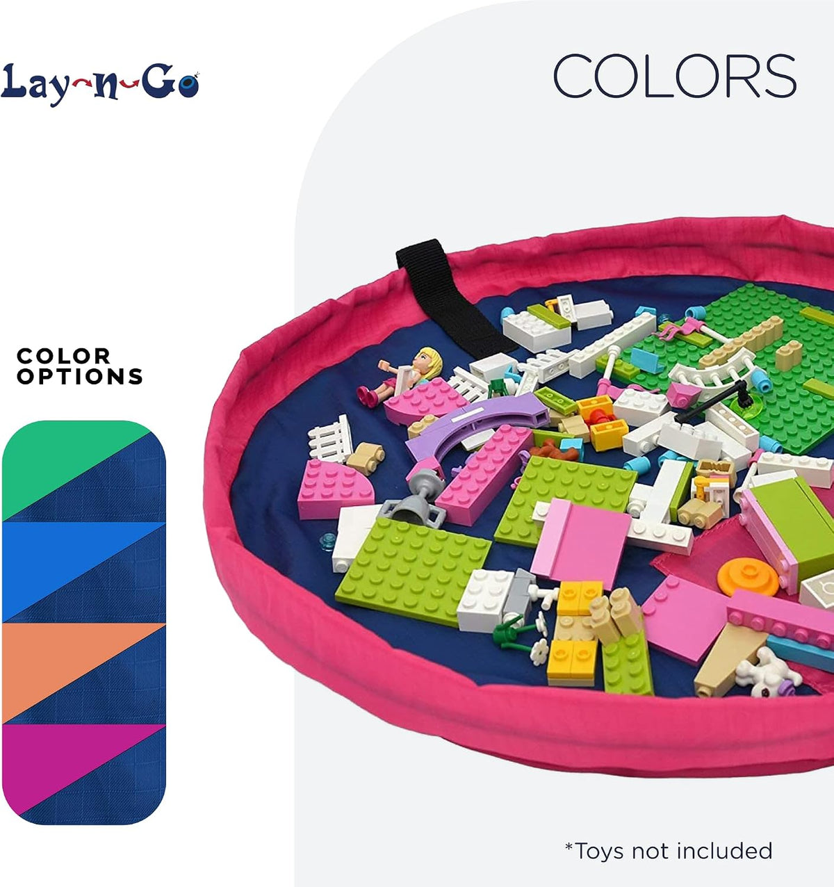 Layflat Portable Drawstring Cinch Storage Toy & Mini Figures Organizer & Play Mat, Mesh Pockets, Home & Travel, Kids & Toddlers Playdates, 2 Straps for Backpack, Durable, Machine Washable