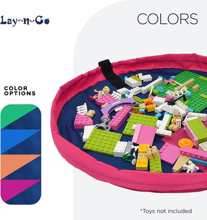 Layflat Portable Drawstring Cinch Storage Toy & Mini Figures Organizer & Play Mat, Mesh Pockets, Home & Travel, Kids & Toddlers Playdates, 2 Straps for Backpack, Durable, Machine Washable