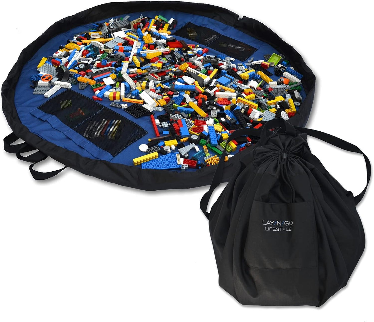 Layflat Portable Drawstring Cinch Storage Toy & Mini Figures Organizer & Play Mat, Mesh Pockets, Home & Travel, Kids & Toddlers Playdates, 2 Straps for Backpack, Durable, Machine Washable