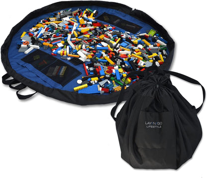 Layflat Portable Drawstring Cinch Storage Toy & Mini Figures Organizer & Play Mat, Mesh Pockets, Home & Travel, Kids & Toddlers Playdates, 2 Straps for Backpack, Durable, Machine Washable