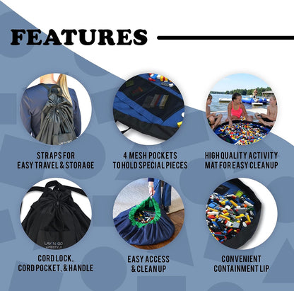 Layflat Portable Drawstring Cinch Storage Toy & Mini Figures Organizer & Play Mat, Mesh Pockets, Home & Travel, Kids & Toddlers Playdates, 2 Straps for Backpack, Durable, Machine Washable