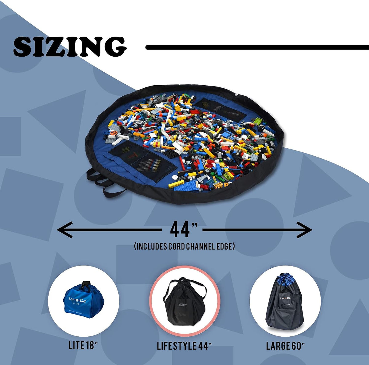 Layflat Portable Drawstring Cinch Storage Toy & Mini Figures Organizer & Play Mat, Mesh Pockets, Home & Travel, Kids & Toddlers Playdates, 2 Straps for Backpack, Durable, Machine Washable