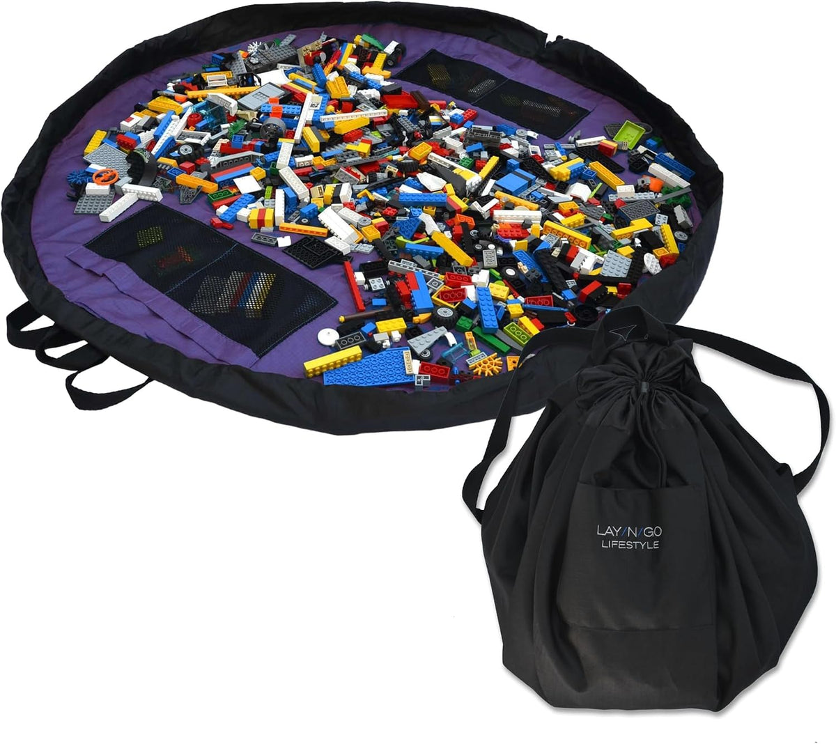 Layflat Portable Drawstring Cinch Storage Toy & Mini Figures Organizer & Play Mat, Mesh Pockets, Home & Travel, Kids & Toddlers Playdates, 2 Straps for Backpack, Durable, Machine Washable
