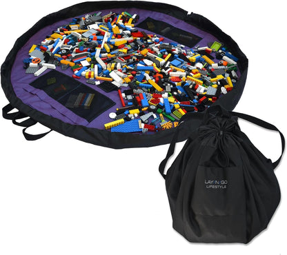 Layflat Portable Drawstring Cinch Storage Toy & Mini Figures Organizer & Play Mat, Mesh Pockets, Home & Travel, Kids & Toddlers Playdates, 2 Straps for Backpack, Durable, Machine Washable