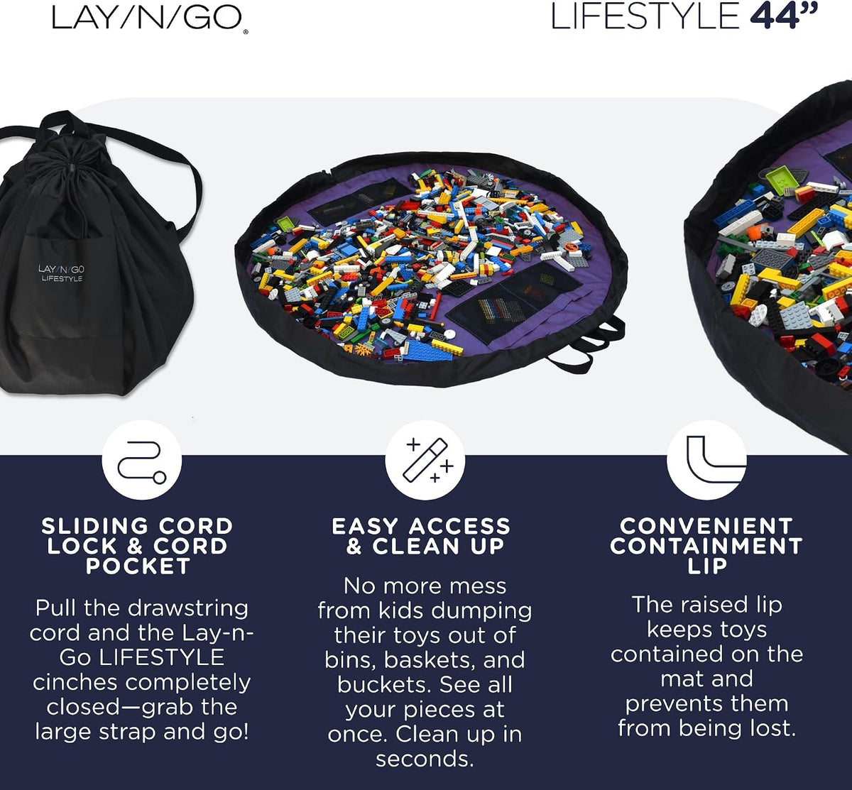 Layflat Portable Drawstring Cinch Storage Toy & Mini Figures Organizer & Play Mat, Mesh Pockets, Home & Travel, Kids & Toddlers Playdates, 2 Straps for Backpack, Durable, Machine Washable