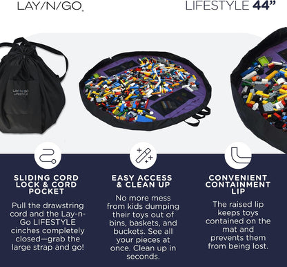 Layflat Portable Drawstring Cinch Storage Toy & Mini Figures Organizer & Play Mat, Mesh Pockets, Home & Travel, Kids & Toddlers Playdates, 2 Straps for Backpack, Durable, Machine Washable