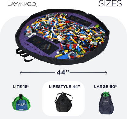 Layflat Portable Drawstring Cinch Storage Toy & Mini Figures Organizer & Play Mat, Mesh Pockets, Home & Travel, Kids & Toddlers Playdates, 2 Straps for Backpack, Durable, Machine Washable