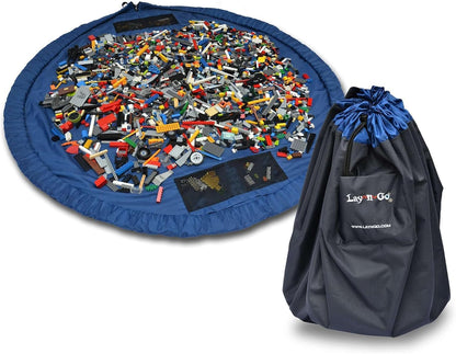 Layflat Portable Drawstring Cinch Storage Toy & Mini Figures Organizer & Play Mat, Mesh Pockets, Home & Travel, Kids & Toddlers Playdates, 2 Straps for Backpack, Durable, Machine Washable