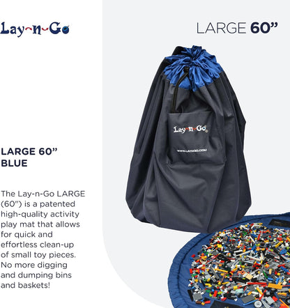 Layflat Portable Drawstring Cinch Storage Toy & Mini Figures Organizer & Play Mat, Mesh Pockets, Home & Travel, Kids & Toddlers Playdates, 2 Straps for Backpack, Durable, Machine Washable
