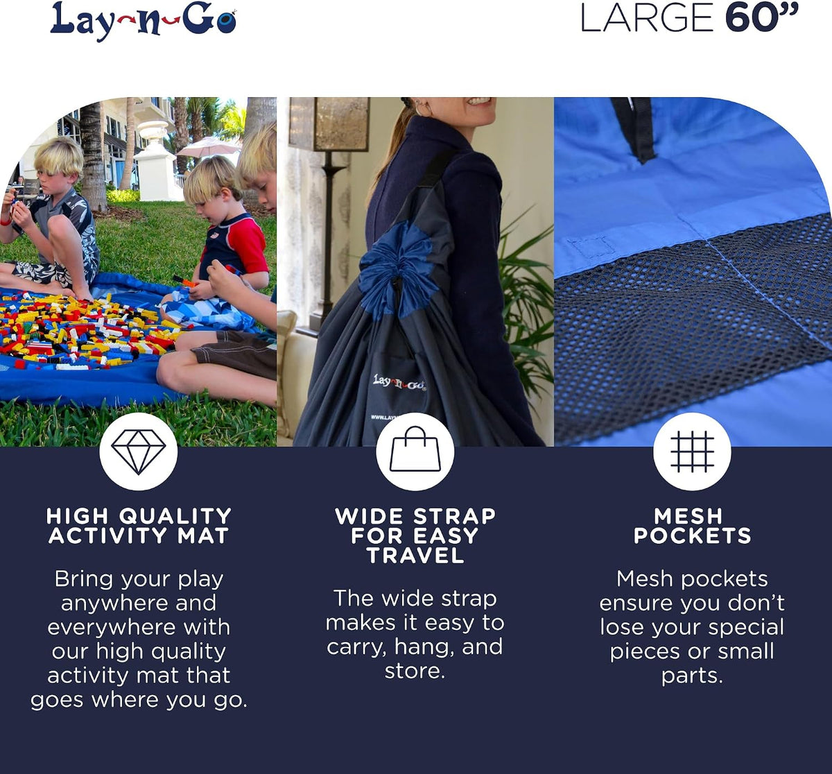Layflat Portable Drawstring Cinch Storage Toy & Mini Figures Organizer & Play Mat, Mesh Pockets, Home & Travel, Kids & Toddlers Playdates, 2 Straps for Backpack, Durable, Machine Washable