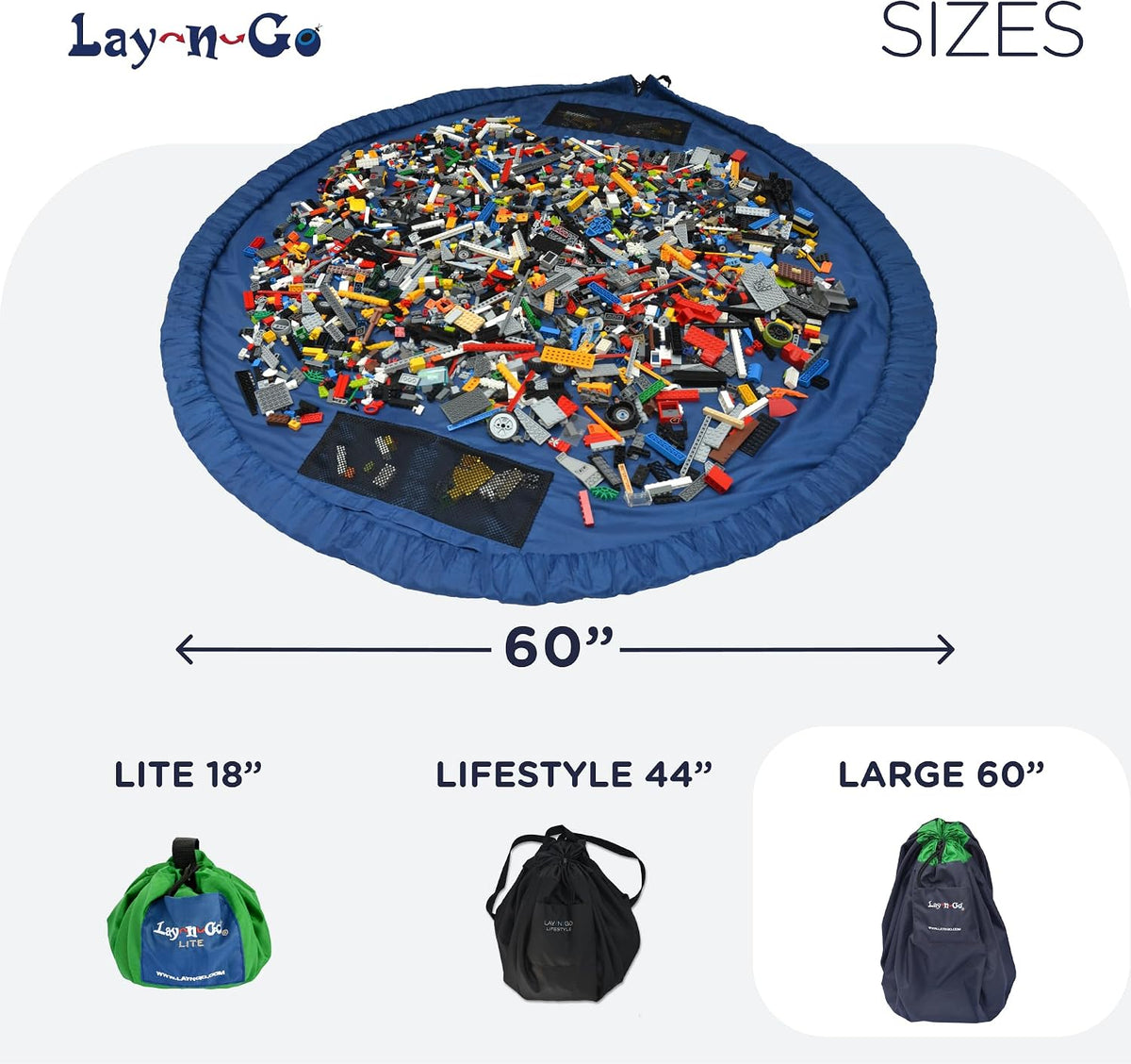 Layflat Portable Drawstring Cinch Storage Toy & Mini Figures Organizer & Play Mat, Mesh Pockets, Home & Travel, Kids & Toddlers Playdates, 2 Straps for Backpack, Durable, Machine Washable