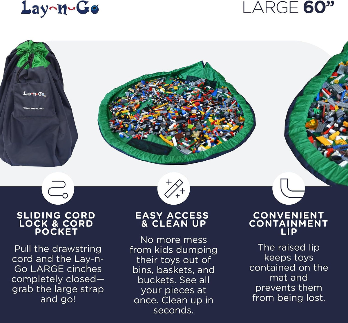 Layflat Portable Drawstring Cinch Storage Toy & Mini Figures Organizer & Play Mat, Mesh Pockets, Home & Travel, Kids & Toddlers Playdates, 2 Straps for Backpack, Durable, Machine Washable