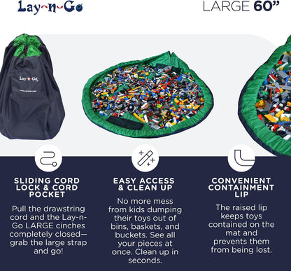 Layflat Portable Drawstring Cinch Storage Toy & Mini Figures Organizer & Play Mat, Mesh Pockets, Home & Travel, Kids & Toddlers Playdates, 2 Straps for Backpack, Durable, Machine Washable