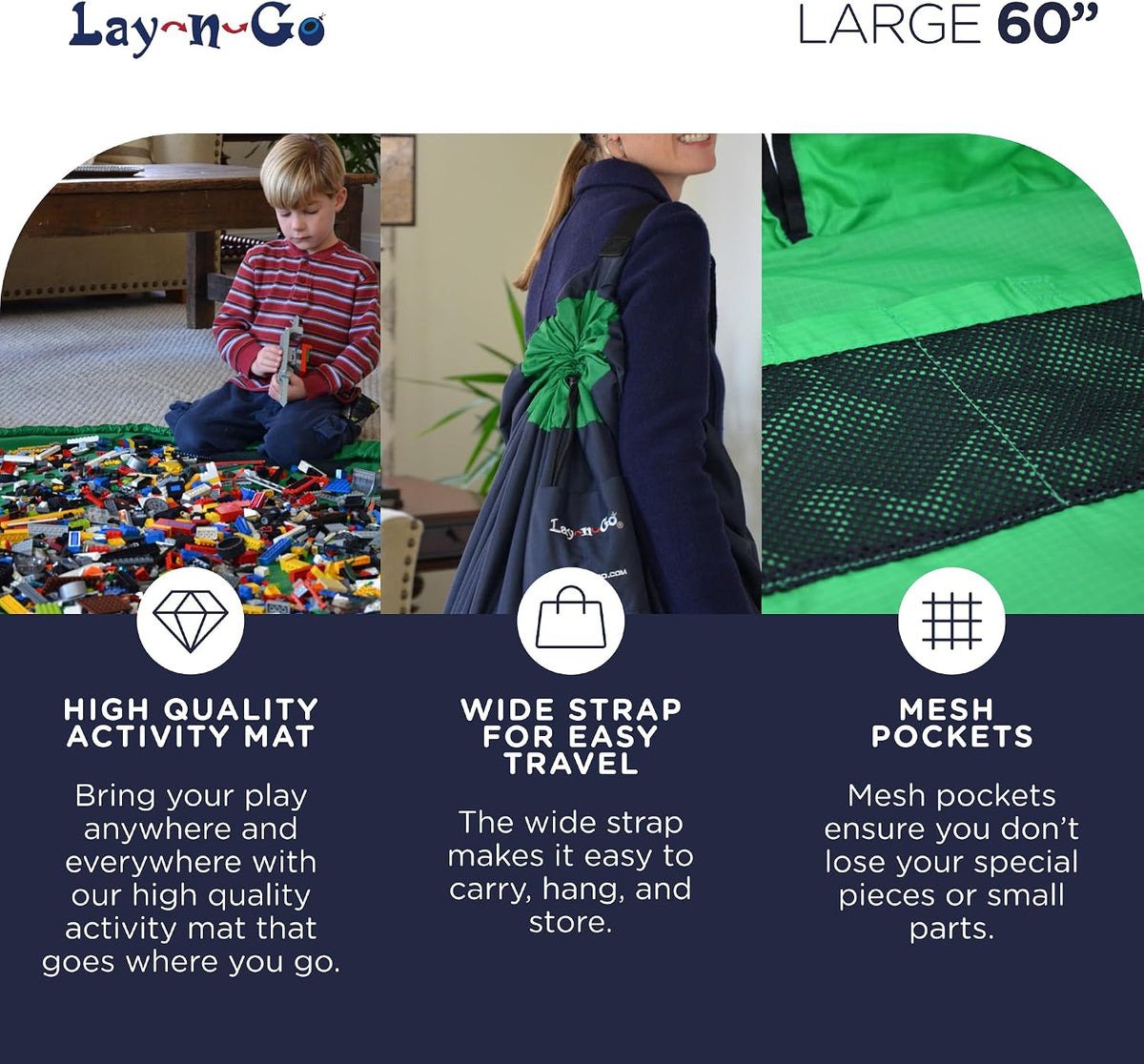 Layflat Portable Drawstring Cinch Storage Toy & Mini Figures Organizer & Play Mat, Mesh Pockets, Home & Travel, Kids & Toddlers Playdates, 2 Straps for Backpack, Durable, Machine Washable