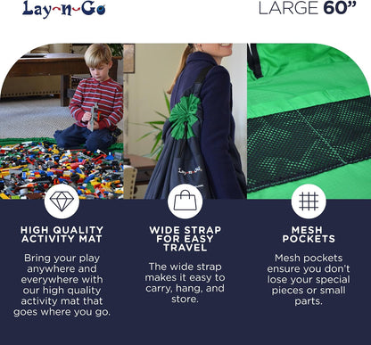 Layflat Portable Drawstring Cinch Storage Toy & Mini Figures Organizer & Play Mat, Mesh Pockets, Home & Travel, Kids & Toddlers Playdates, 2 Straps for Backpack, Durable, Machine Washable