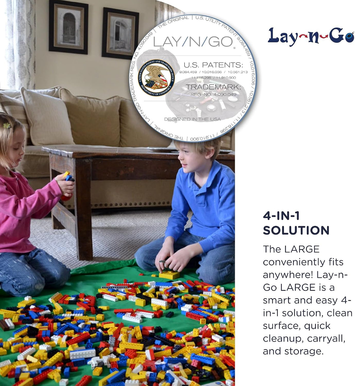 Layflat Portable Drawstring Cinch Storage Toy & Mini Figures Organizer & Play Mat, Mesh Pockets, Home & Travel, Kids & Toddlers Playdates, 2 Straps for Backpack, Durable, Machine Washable