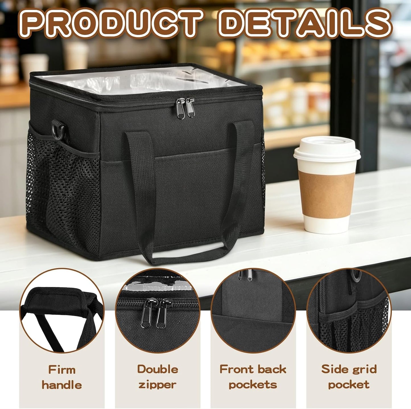 Reusable 4-Cup Drink Carrier-Leakproof Tote with Adjustable Dividers | Adjustable dividers keep cups secure. Shoulder strap, folds flat. Ideal for hot/cold drinks, delivery, travel.