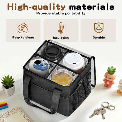 Reusable 4-Cup Drink Carrier-Leakproof Tote with Adjustable Dividers | Adjustable dividers keep cups secure. Shoulder strap, folds flat. Ideal for hot/cold drinks, delivery, travel.