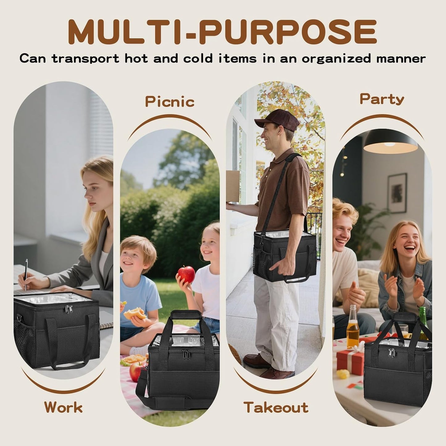 Reusable 4-Cup Drink Carrier-Leakproof Tote with Adjustable Dividers | Adjustable dividers keep cups secure. Shoulder strap, folds flat. Ideal for hot/cold drinks, delivery, travel.