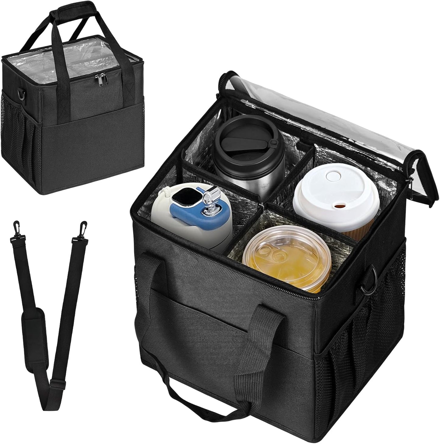 Reusable 4-Cup Drink Carrier-Leakproof Tote with Adjustable Dividers | Adjustable dividers keep cups secure. Shoulder strap, folds flat. Ideal for hot/cold drinks, delivery, travel.