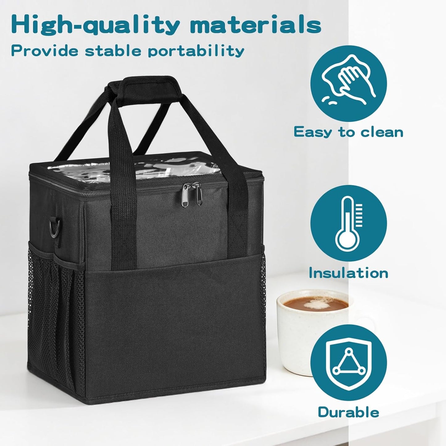 Reusable 4-Cup Drink Carrier-Leakproof Tote with Adjustable Dividers | Adjustable dividers keep cups secure. Shoulder strap, folds flat. Ideal for hot/cold drinks, delivery, travel.