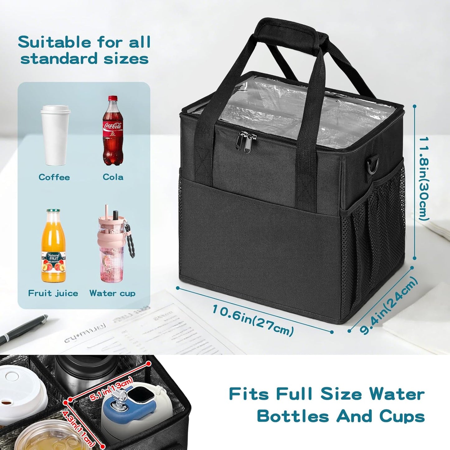 Reusable 4-Cup Drink Carrier-Leakproof Tote with Adjustable Dividers | Adjustable dividers keep cups secure. Shoulder strap, folds flat. Ideal for hot/cold drinks, delivery, travel.