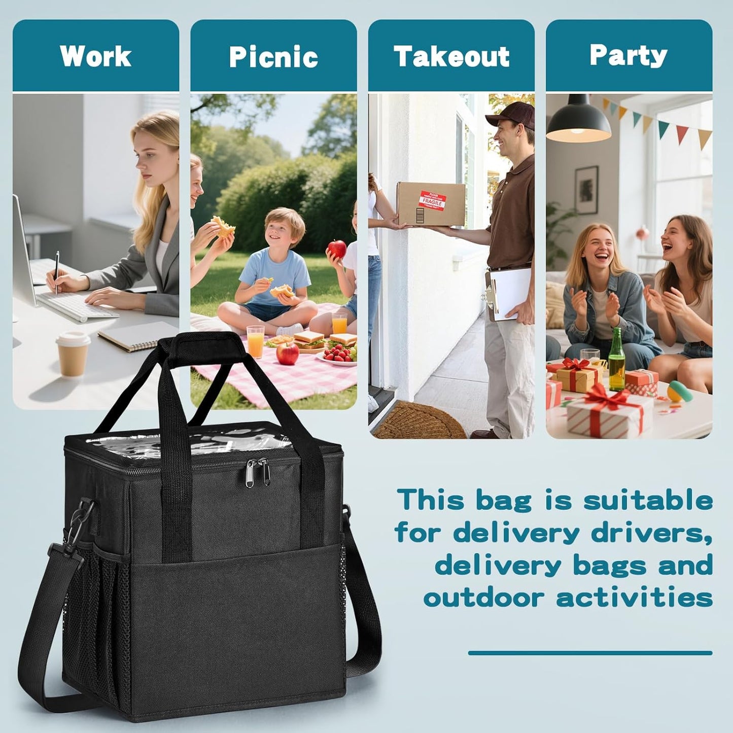 Reusable 4-Cup Drink Carrier-Leakproof Tote with Adjustable Dividers | Adjustable dividers keep cups secure. Shoulder strap, folds flat. Ideal for hot/cold drinks, delivery, travel.