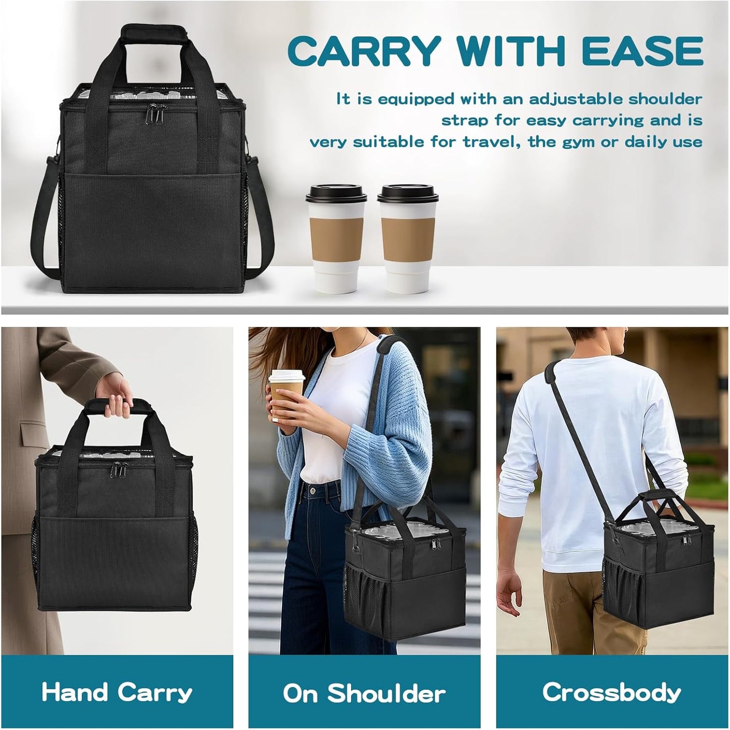 Reusable 4-Cup Drink Carrier-Leakproof Tote with Adjustable Dividers | Adjustable dividers keep cups secure. Shoulder strap, folds flat. Ideal for hot/cold drinks, delivery, travel.