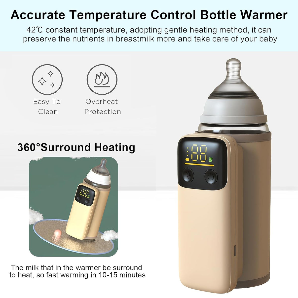 Portable Bottle Warmer for Travel - Baby Bottle Warmers with LED Display and Flashlight, Bottle Warmers with 6-Temp Control, Bottle Warmer On The Go, Fast Night Feeding Milk Warmers for Newborn