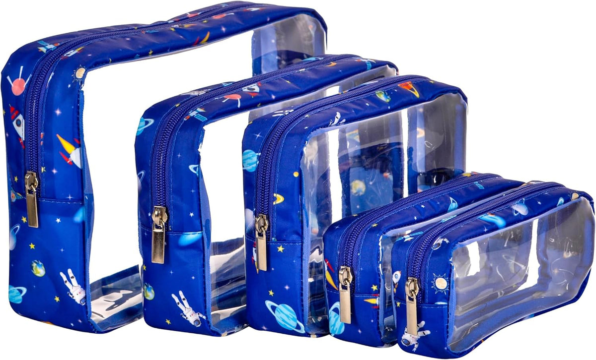 TSA Approved 5-Piece Diaper Bag Organizer Pouch Set Clear Waterproof TPU Kids Toiletry Storage Set Travel Packing Clutch Cube Bags for Baby Nursing(Dinosour)