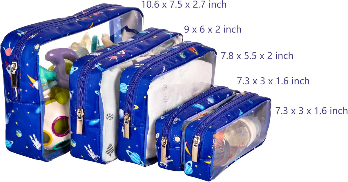 TSA Approved 5-Piece Diaper Bag Organizer Pouch Set Clear Waterproof TPU Kids Toiletry Storage Set Travel Packing Clutch Cube Bags for Baby Nursing(Dinosour)