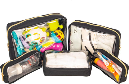 TSA Approved 5-Piece Diaper Bag Organizer Pouch Set Clear Waterproof TPU Kids Toiletry Storage Set Travel Packing Clutch Cube Bags for Baby Nursing(Dinosour)
