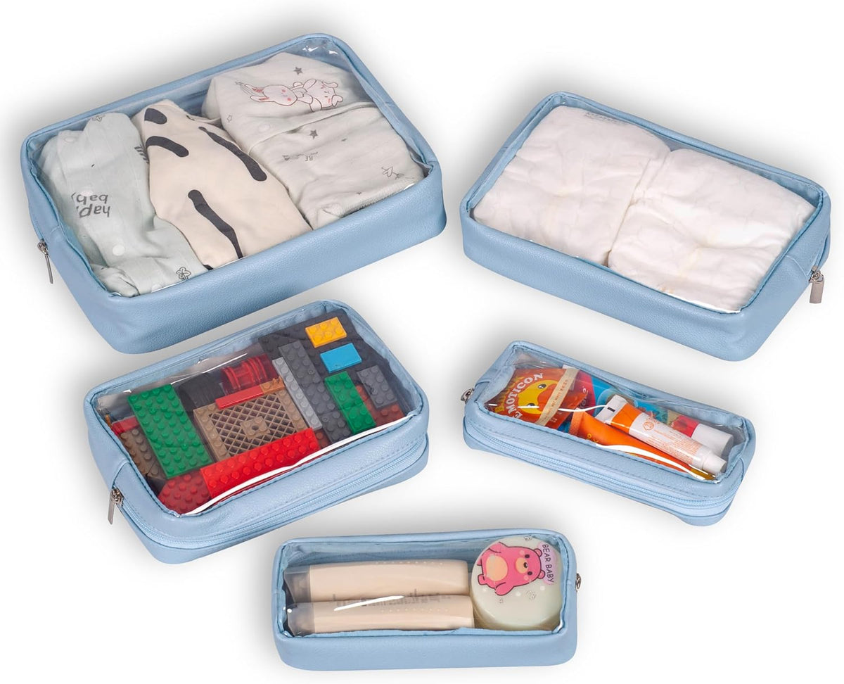 TSA Approved 5-Piece Diaper Bag Organizer Pouch Set Clear Waterproof TPU Kids Toiletry Storage Set Travel Packing Clutch Cube Bags for Baby Nursing(Dinosour)