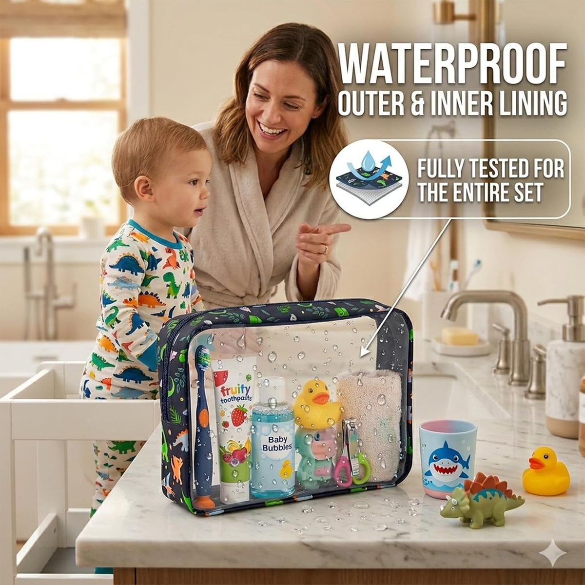 TSA Approved 5-Piece Diaper Bag Organizer Pouch Set Clear Waterproof TPU Kids Toiletry Storage Set Travel Packing Clutch Cube Bags for Baby Nursing(Dinosour)