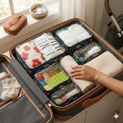 TSA Approved 5-Piece Diaper Bag Organizer Pouch Set Clear Waterproof TPU Kids Toiletry Storage Set Travel Packing Clutch Cube Bags for Baby Nursing(Dinosour)